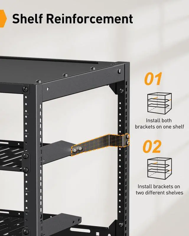 Alt view image 3 of 5 - Perlegear 10U Wall Mount Network Rack for 19 Servers & AV Gear, Heavy-Duty 4 Post Wall Rack Open Frame Design, Wall Mounted Server Rack with 2x1U Vented Shelves for Home & Office, PGSER02B