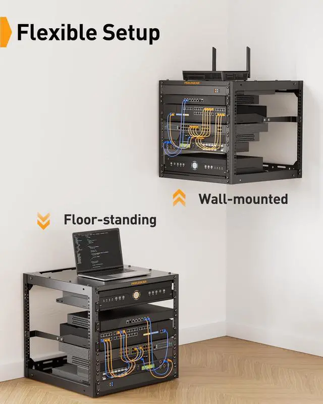 Alt view image 5 of 5 - Perlegear 10U Wall Mount Network Rack for 19 Servers & AV Gear, Heavy-Duty 4 Post Wall Rack Open Frame Design, Wall Mounted Server Rack with 2x1U Vented Shelves for Home & Office, PGSER02B