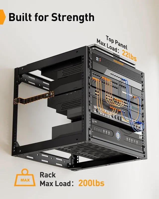 Alt view image 4 of 5 - Perlegear 10U Wall Mount Network Rack for 19 Servers & AV Gear, Heavy-Duty 4 Post Wall Rack Open Frame Design, Wall Mounted Server Rack with 2x1U Vented Shelves for Home & Office, PGSER02B