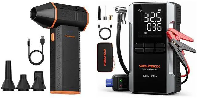 Main image of WOLFBOX MF50 Electric Air Duster-110000RPM Super Power Cordless Air Duster and WOLFBOX 3000A Jump Starter with Air Compressor, 16000mAh&160PSI Portable Car Battery Jump Starter
