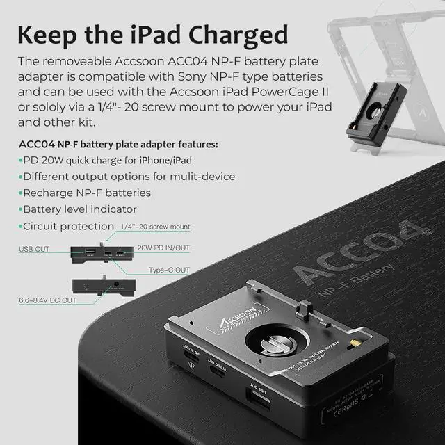 Alt view image 5 of 5 - Accsoon Power Cage Pro  for iPad, Compatible with IPad Pro - 12.9 inch (Gen 3, 4, 5, 6), W ACC04 NP-F Battery Plate Adapter