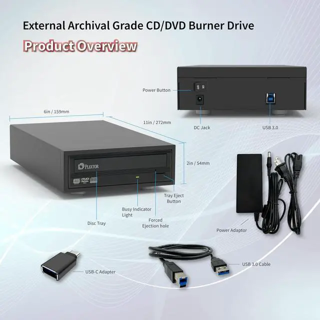 Alt view image 2 of 5 - Vinpower 24X DVD CD External Burner Drive Bundle with Archival Grade M-Disc, Free PlexTools Pro, Burning Software, USB 3.0 External DVD Player for Laptop, and External CD Drive for PC