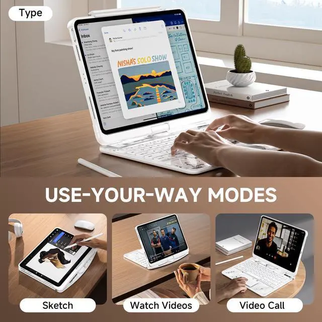 Alt view image 5 of 5 - Transparent Case with Keyboard for iPad 11th Gen 11 Inch.(A16, 2025) & 2022 iPad 10th Gen 10.9 Inch,7-Color Backlit,Wireless Keyboard, 360°Rotating,with trackpad,Pencil Holder,with Shortcuts,White