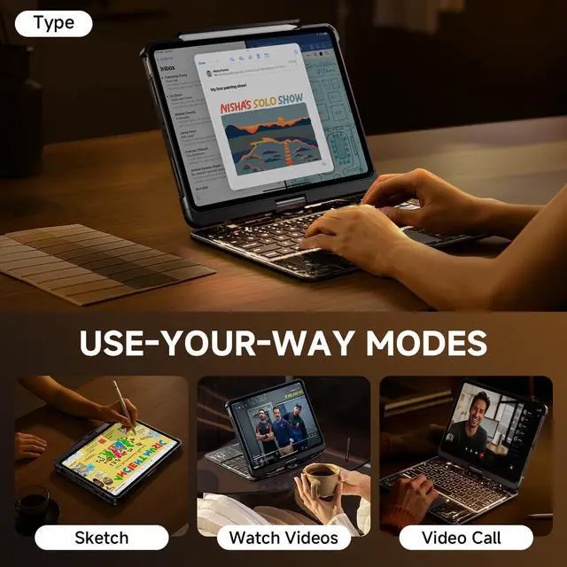 Alt view image 5 of 5 - Transparent Case with Keyboard for iPad 11th Gen 11 Inch.(A16, 2025) & 2022 iPad 10th Gen 10.9 Inch,7-Color Backlit,Wireless Keyboard, 360°Rotating,with trackpad,Pencil Holder,with Shortcuts,black