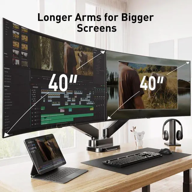 Alt view image 2 of 5 - HUANUO Dual Monitor Mount for 40 inch Ultrawide Screens up to 33 lbs, Heavy Duty Monitor Arm with Full Motion Adjustment, Dual Monitor Arm with Tilt, Swivel, Rotation, VESA 75x75 or 100x100mm