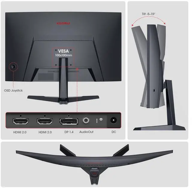 Alt view image 5 of 5 - KOORUI Curved 27 Inch Gaming Monitor, Full HD 1080p R1500 180Hz VA Computer Monitor, 99% sRGB, Built-in Adaptive Sync, 1 x Display Port 1.2 & 2 x HDMI 2.0, Eye Care, VESA Compatible, Black 27E6CA