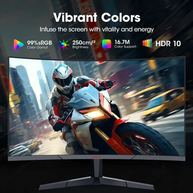 Alt view image 3 of 5 - KOORUI Curved 27 Inch Gaming Monitor, Full HD 1080p R1500 180Hz VA Computer Monitor, 99% sRGB, Built-in Adaptive Sync, 1 x Display Port 1.2 & 2 x HDMI 2.0, Eye Care, VESA Compatible, Black 27E6CA