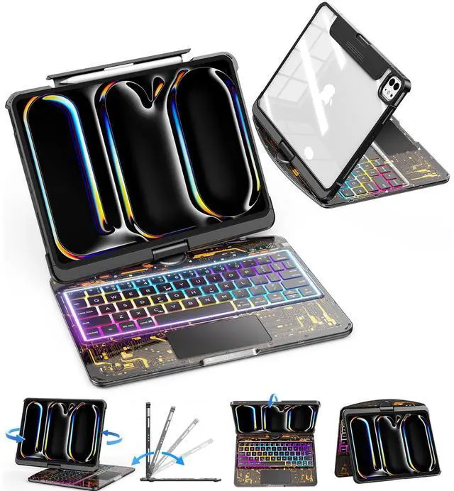 Main image of TSQQST Clear Wireless Keyboard Case for iPad Pro 11 Inch (M4) 2024 with Pencil Holder & Multi-Touch Trackpad, Visible PCB, 3-Brightness & 7-Color Backlight, 360 Rotatable, Black