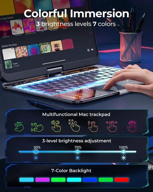 Alt view image 3 of 5 - TSQQST Clear Wireless Keyboard Case for iPad Pro 11 Inch (M4) 2024 with Pencil Holder & Multi-Touch Trackpad, Visible PCB, 3-Brightness & 7-Color Backlight, 360 Rotatable, Black