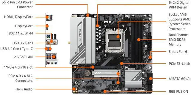 Alt view image 5 of 5 - GIGABYTE B650M Gaming Plus WiFi AM5 LGA 1718 AMD B650 M-ATX, DDR5, PCIe 4.0 M.2, PCIe 4.0, USB 3.2 Gen 1 Type-C, Wi-Fi 6E, 2.5GbE LAN