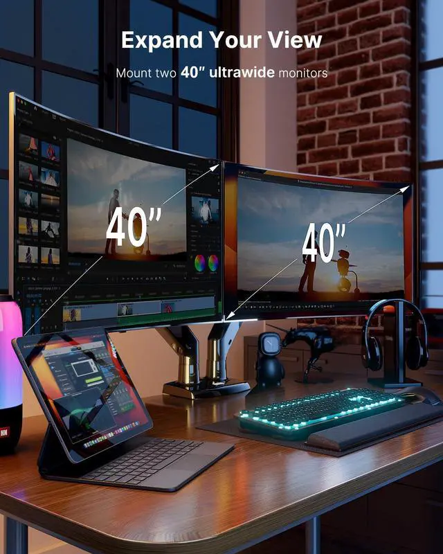 Alt view image 2 of 5 - HUANUO Dual Monitor Stand for 13 to 40 inch, Premium Dual Monitor Mount with USB, Height Adjustable Monitor Stand for 2 Monitors, VESA Mount with Clamp/Grommet Base, Each Arm Hold up to 26.4lbs, Black