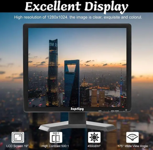 Alt view image 3 of 5 - Suprlipy 19 Inch TFT LCD Security CCTV Monitor 1280x1024 4:3 Resolution Color Display Screen Support HDMI/VGA/AV/BNC/USB Input with Remote Control Built-in Speakers for CCTV Surveillance Camera STB