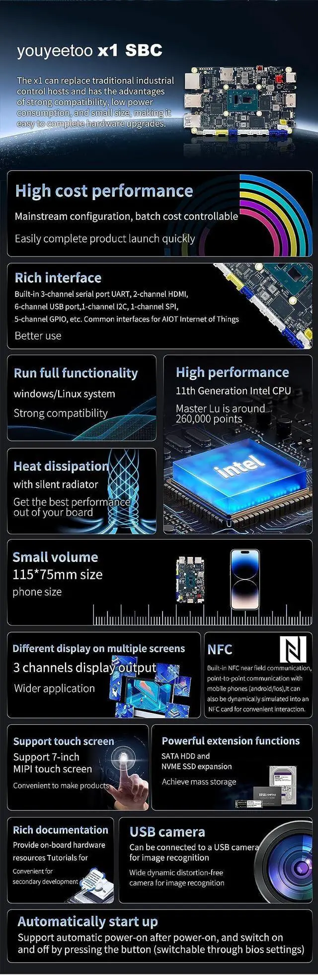 Alt view image 5 of 5 - youyeetoo X1 - N5105 x86 Windows Linux Single Board Computer - Mini PC - Dual 4K Media Server- Dual M.2 Slots Support 2280 NVMe mSATA SSD/WiFi 6 Moudle - PCIE 3.0,NFC (X1(8GB RAM+256GB eMMC))