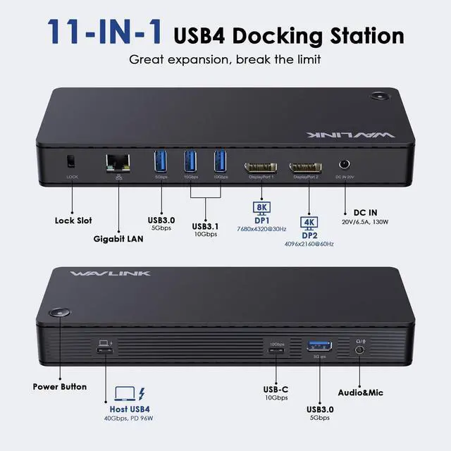 Alt view image 2 of 5 - WAVLINK USB 4 Docking Station, 40Gbps 96W PD Charging, Single Display 8K, Dual Monitors With 2X DisplayPort, Ethernet, 10Gbps USB C Hub for Windows Mac Chrome With Thunderbolt 4/3