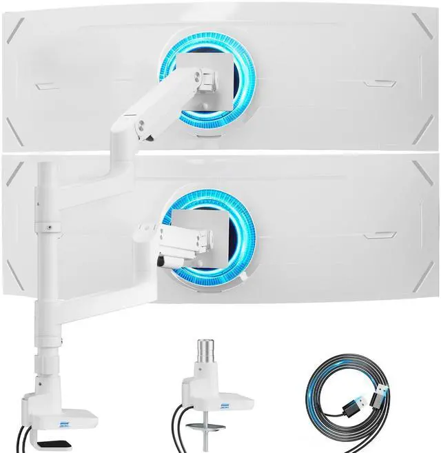 Main image of ARES WING Dual Monitor Arm for Ultrawide Heavy Duty Curved Monitor Stacking, Fits 17-49 Inch, Vertical Gas Spring Double Monitor Mount with USB, Adjustable Dual Monitor Mount for Desk, White