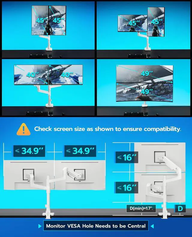 Alt view image 3 of 5 - ARES WING Dual Monitor Arm for Ultrawide Heavy Duty Curved Monitor Stacking, Fits 17-49 Inch, Vertical Gas Spring Double Monitor Mount with USB, Adjustable Dual Monitor Mount for Desk, White
