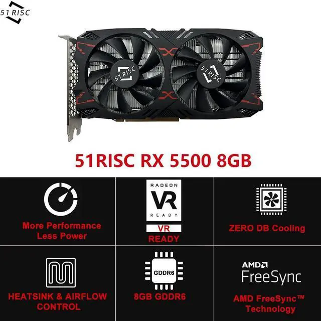 Alt view image 2 of 5 - 51RISC RX 5500 Graphics Card, TDP 150W 8GB GDDR6 128bit PCIe 4.0 Metal-Backplate HDMI DP Gaming Video Card for Desktop (Radeon RX 5500 8GB)