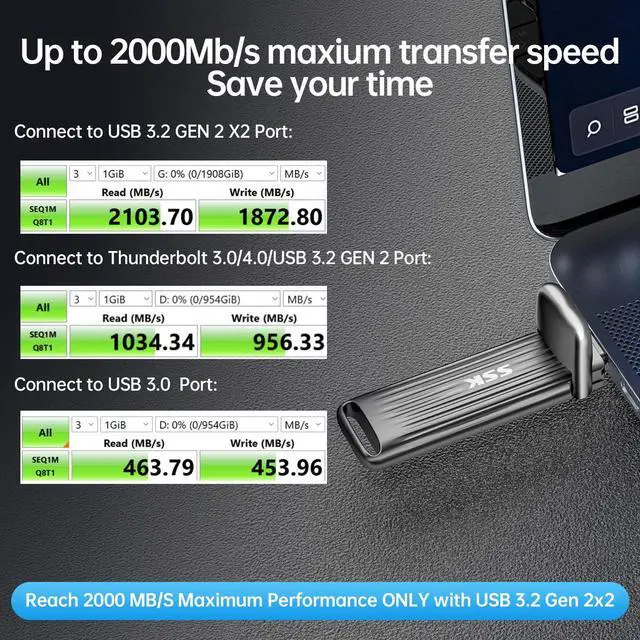 Alt view image 3 of 5 - SSK External Solid State Drives 2TB Maximum up to 2000mb/s External Hard Drive USB 3.2 Gen 2x2 Portable SSD Zinc Alloy USB C Flash Thumb Drive for Android Phone/Tablets/Laptops/Mac/iPhone 15/16