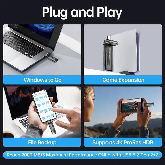 Alt view image 5 of 5 - SSK External Solid State Drives 2TB Maximum up to 2000mb/s External Hard Drive USB 3.2 Gen 2x2 Portable SSD Zinc Alloy USB C Flash Thumb Drive for Android Phone/Tablets/Laptops/Mac/iPhone 15/16