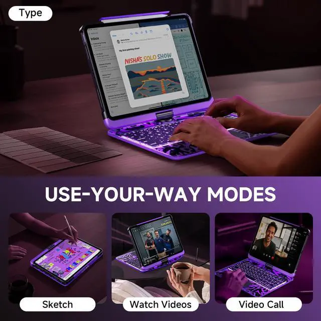 Alt view image 4 of 5 - Tiaota Transparent Case with Keyboard for 2024 iPad Pro 13 inch (M4), iPad Pro 13,7-Color Backlit,Magic Wireless Keyboard, 360°Rotating,Multi-Touch trackpad,Pencil Holder,with Shortcuts,Purple