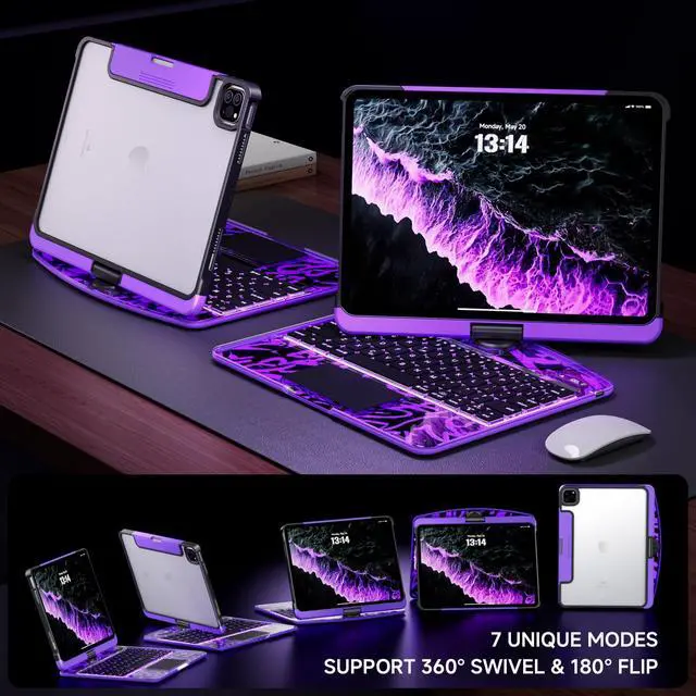 Alt view image 5 of 5 - Tiaota Transparent Case with Keyboard for 2024 iPad Pro 13 inch (M4), iPad Pro 13,7-Color Backlit,Magic Wireless Keyboard, 360°Rotating,Multi-Touch trackpad,Pencil Holder,with Shortcuts,Purple