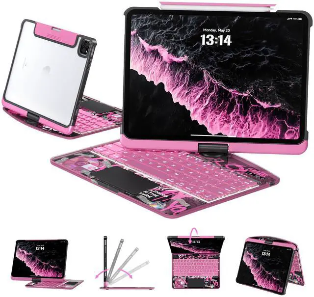 Main image of Tiaota Transparent Case with Keyboard for 2024 iPad Pro 13 inch (M4), iPad Pro 13,7-Color Backlit,Magic Wireless Keyboard, 360°Rotating,Multi-Touch trackpad,Pencil Holder,with Shortcuts,Pink