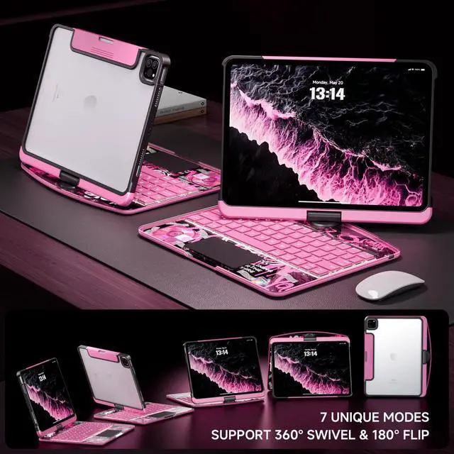 Alt view image 4 of 5 - Tiaota Transparent Case with Keyboard for 2024 iPad Pro 13 inch (M4), iPad Pro 13,7-Color Backlit,Magic Wireless Keyboard, 360°Rotating,Multi-Touch trackpad,Pencil Holder,with Shortcuts,Pink