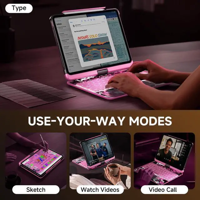 Alt view image 5 of 5 - Tiaota Transparent Case with Keyboard for 2024 iPad Pro 13 inch (M4), iPad Pro 13,7-Color Backlit,Magic Wireless Keyboard, 360°Rotating,Multi-Touch trackpad,Pencil Holder,with Shortcuts,Pink