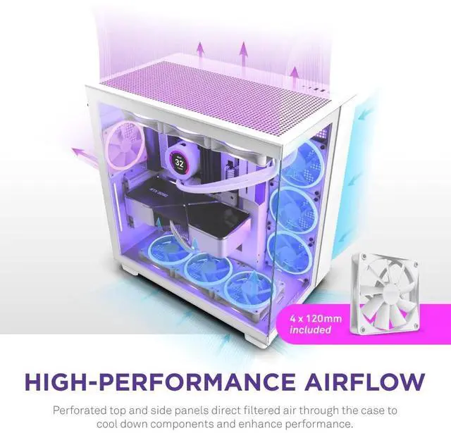 Alt view image 3 of 5 - NZXT H9 Flow Dual-Chamber ATX Mid-Tower PC Gaming Case  High-Airflow Perforated Top Panel  Tempered Glass Front & Side Panels  360mm Radiator Support  Cable Management  White