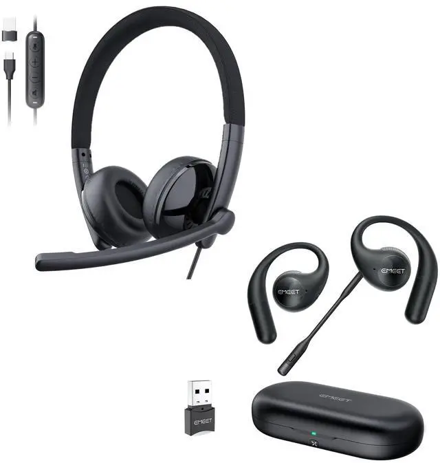 Main image of EMEET HS50 Wired Headset with Mic and in-line Control, Airflow Open Ear Headphones, Bluetooth 5.3 Wireless Headsets with Detachable Microphone