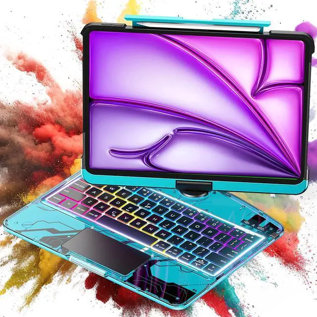 Main image of TSQQST Clear Wireless Keyboard Case for iPad Air 13 Inch (M3/M2, 2025/2024)/ iPad Pro 12.9" (6/5/4/3 Gen), 7-Color Backlit, Pencil Holder & Multi-Touch Trackpad, 360 Rotatable, Blue