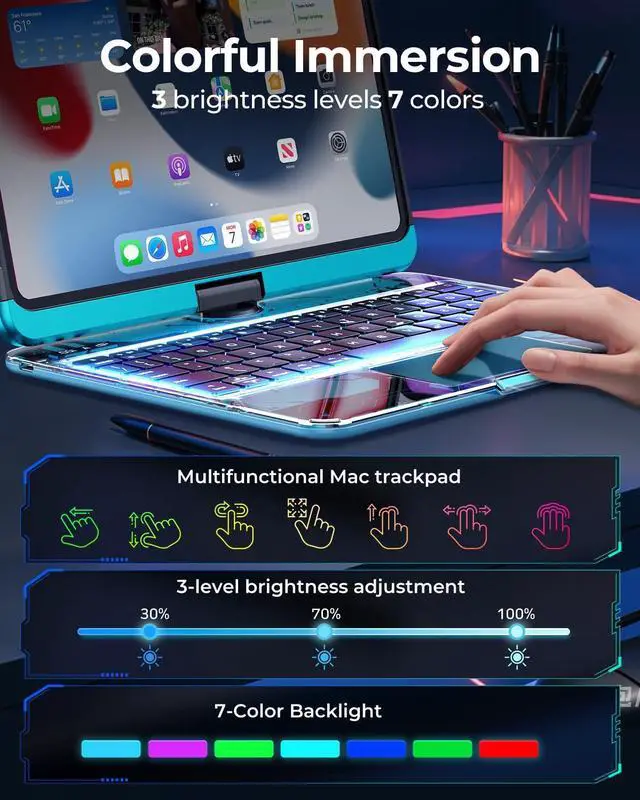 Alt view image 3 of 5 - TSQQST Clear Wireless Keyboard Case for iPad Air 13 Inch (M3/M2, 2025/2024)/ iPad Pro 12.9" (6/5/4/3 Gen), 7-Color Backlit, Pencil Holder & Multi-Touch Trackpad, 360 Rotatable, Blue