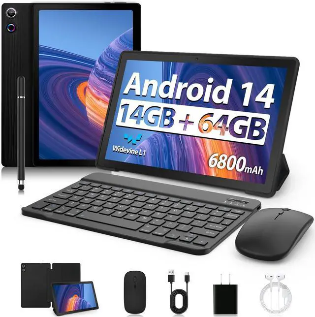 Main image of Tablet, 11 Inch Android 14 Tablets, 14GB RAM+64GB ROM (TF 1TB) with Octa-Core, 6800mAh, Widevine L1, WiFi 6, 8 in 1 Tablet with Keyboard, Mouse, Protective Case, Stylus, Headset, Charger- Black