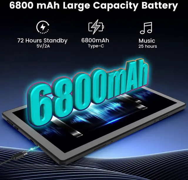 Alt view image 5 of 5 - Tablet, 11 Inch Android 14 Tablets, 14GB RAM+64GB ROM (TF 1TB) with Octa-Core, 6800mAh, Widevine L1, WiFi 6, 8 in 1 Tablet with Keyboard, Mouse, Protective Case, Stylus, Headset, Charger- Black