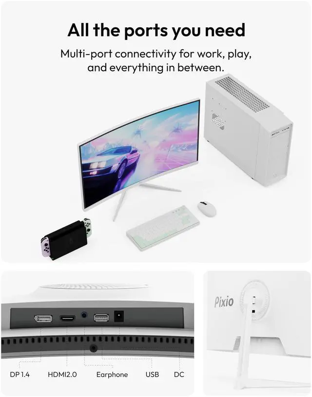 Alt view image 5 of 5 - Pixio PXC248 Wave White 24 inch 200Hz Refresh Rate FHD 1080p Resolution 1500R Curve Fast VA Panel 1ms GTG Response Time Adaptive Sync HDR Curved Gaming Monitor