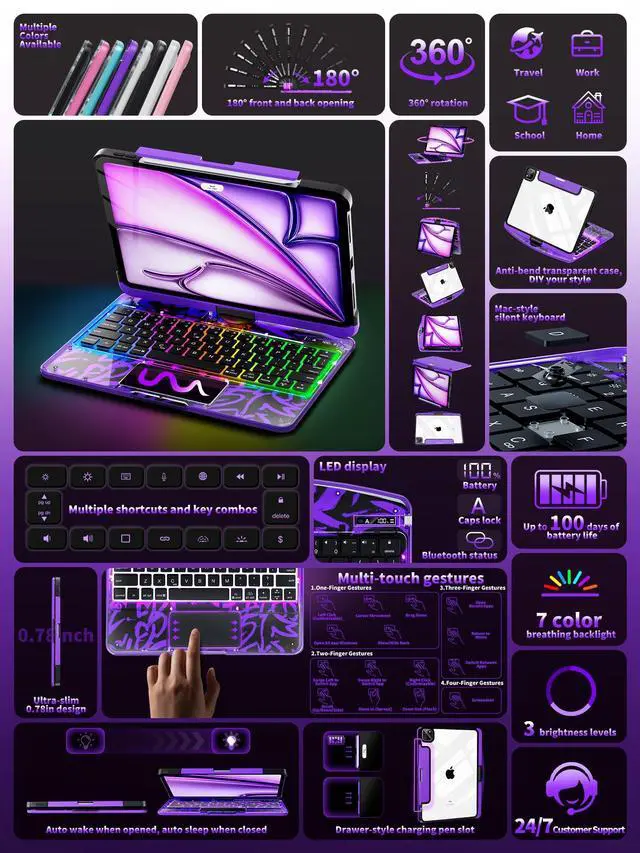 Alt view image 3 of 5 - Lecsas Keyboard Case for iPad Air 13-inch (M2, 2024),360° Rotating Multi-Touch Trackpad,7-Color Backlit Keyboard,Compatible with iPad Pro 12.9-inch,Quantum Core X