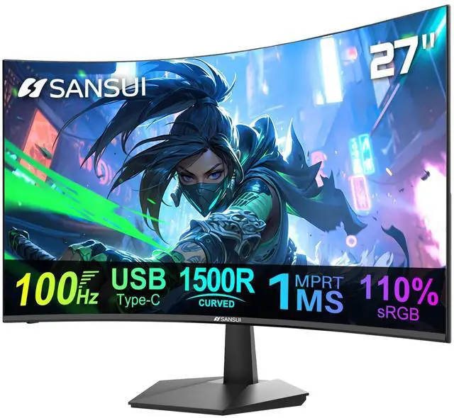 Main image of SANSUI Curved Monitor 27 inch 100Hz USB Type-C Computer Monitor with Speakers Built inFHD 1080pHDR110% sRGB1500RVESA Compatible,for Tablet,Desktop,Laptop and PC Work Gaming (ES-27C1)