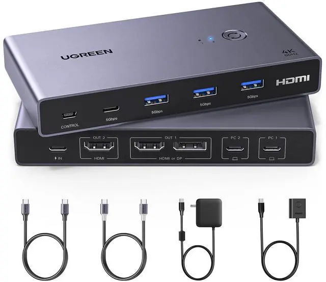 Main image of UGREEN USB-C KVM Switch 2 Monitors 2 Laptops with 4 USB 3.0 Ports 4K@60Hz for 2 Laptops Share Dual Monitors Keyboard Mouse Hard Drive Printer with PD100W Power Adapter, 2 USB Cables, Controller