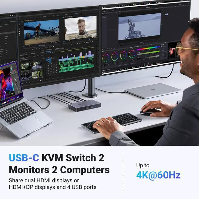 Alt view image 3 of 5 - UGREEN USB-C KVM Switch 2 Monitors 2 Laptops with 4 USB 3.0 Ports 4K@60Hz for 2 Laptops Share Dual Monitors Keyboard Mouse Hard Drive Printer with PD100W Power Adapter, 2 USB Cables, Controller