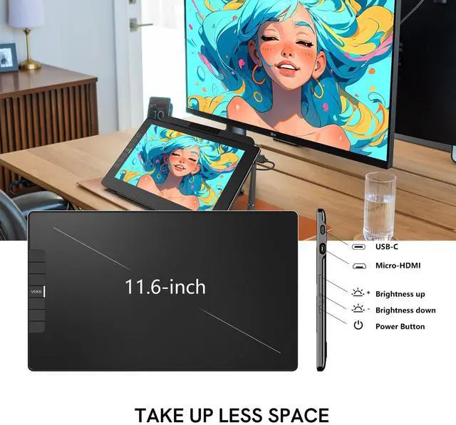 Alt view image 2 of 5 - Drawing Tablet with Screen VEIKK VK1200V3 11.6 inch Full-Laminated Screen 8192 Levels Battery Free Pen with Adjustable Stand 6 Shortcuts Keys (120% sRGB)