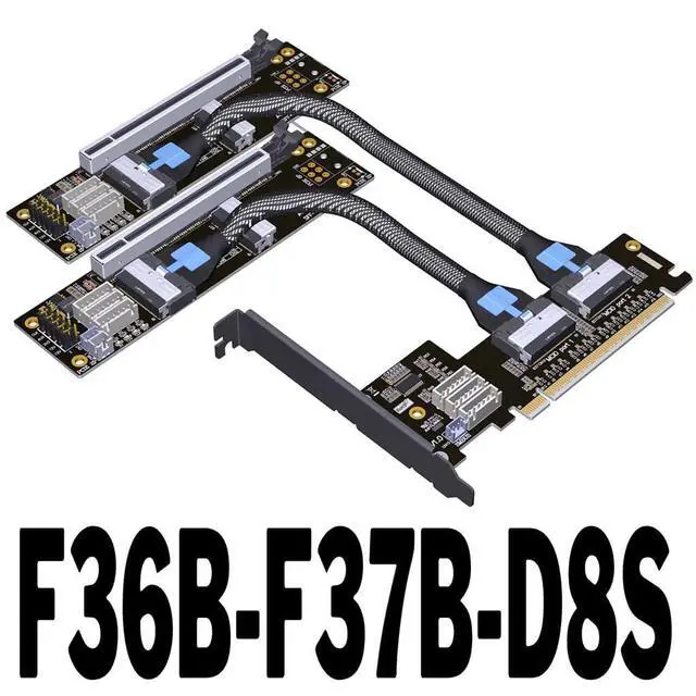 Alt view image 2 of 5 - JMT ADT-F36B-F37B-D8S PCI-e 4.0 X16 to X8 X8 MCIO Bifurcation Adapter Riser Card 256G/bps Split Extender SFF-TA-1016 with Power Cable (50cm)