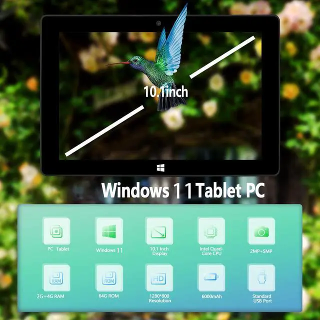 Alt view image 2 of 5 - 10.1" Windows 11 Tablet PC, Dual-Core CPU Windows Tablets, Ultra Slim 2 in 1 Tablet - 2.4/5G WIFI/4.2 BT/1280*800 Full HD/6GB RAM 64GB ROM Storage/4000mAh/Mini HDMI/USB-C/USB 3.0/2MP+5MP Camera