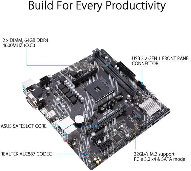 Alt view image 3 of 5 - Asustek Computer Prime A520M-E AMD A520 (Ryzen AM4) Micro ATX Motherboard with M.2 Support, 1 Gb Ethernet, HDMI/DVI/D-Sub, SATA 6 Gbps, USB 3.2 Gen 2 Type-A