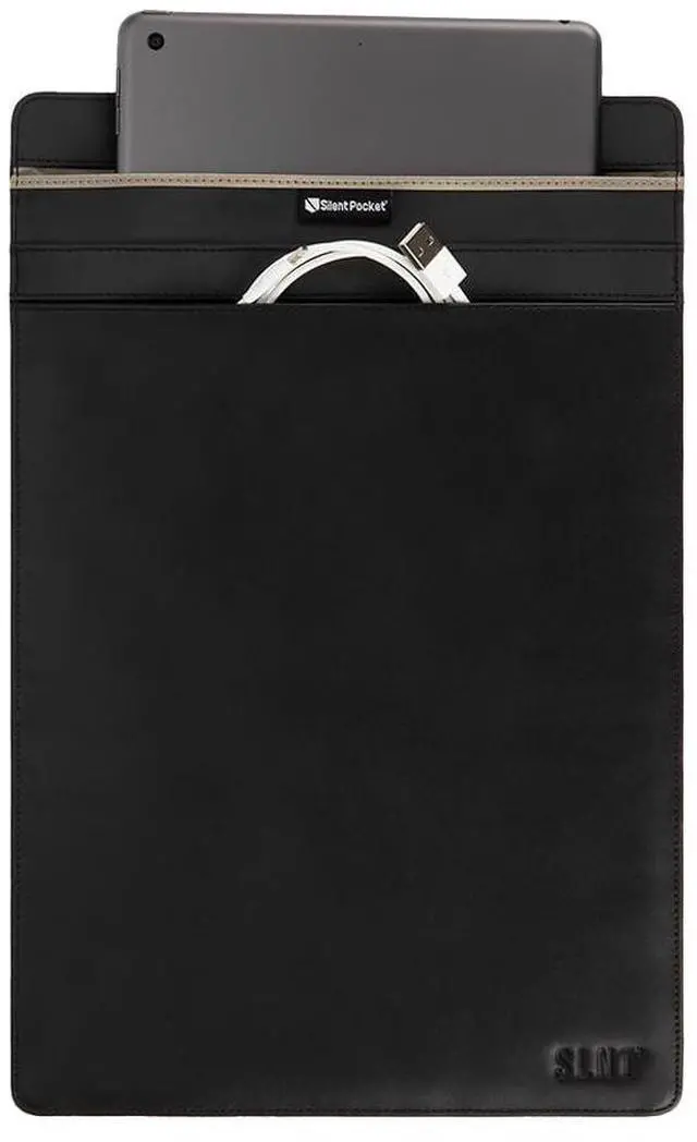 Main image of SLNT Faraday Bag Leather Tablet Sleeve with Silent Pocket - Signal Blocking Device Shielding for iPad, Samsung Galaxy Tab, Most Tablets, Travel, Privacy (Black Leather, X-Large)