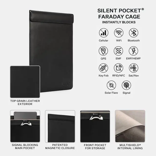 Alt view image 3 of 5 - SLNT Faraday Bag Leather Tablet Sleeve with Silent Pocket - Signal Blocking Device Shielding for iPad, Samsung Galaxy Tab, Most Tablets, Travel, Privacy (Black Leather, X-Large)