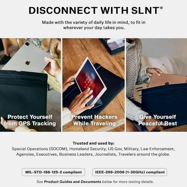 Alt view image 5 of 5 - SLNT Faraday Bag Leather Tablet Sleeve with Silent Pocket - Signal Blocking Device Shielding for iPad, Samsung Galaxy Tab, Most Tablets, Travel, Privacy (Black Leather, X-Large)