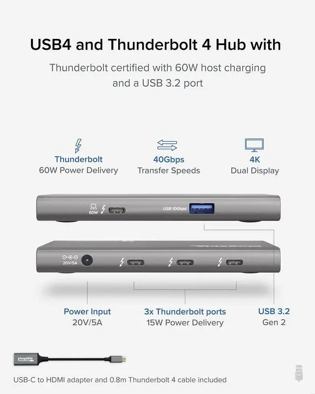Alt view image 3 of 5 - Plugable USB4 Hub Bundle with 2X USB-C to 4K HDMI Adapters, 5-in-1 Hub Offers 60W Charging, Single 8K or Dual 4K Display, Compatible with Thunderbolt 4/3 Macs and Thunderbolt 4 Windows