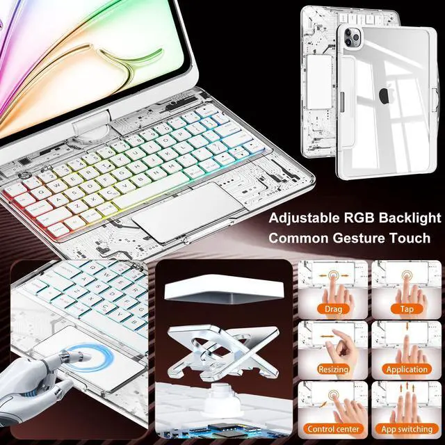 Alt view image 3 of 5 - CNAIDUNR Transparent 360°Rotatable Keyboard Case for iPad Air (M2/M3,2024/2025) 11 Inch,10.9" iPad Air 5th/4th & 11" iPad Pro 4/3/2/1,Clear Hard PC Back,Trackpad,Pencil Holder,7 Color Backlight,White