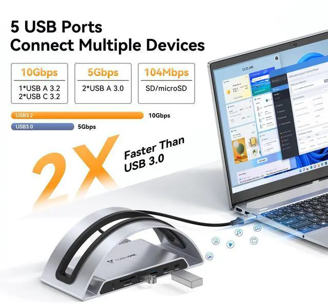 Alt view image 4 of 5 - TobenONE Laptop Docking Station Dual Monitor HDMI, USB C Docking Station Stand with 4K, 100W Power, USB A&C 3.2 Ports, SD/microSD, Audio for Dell/HP/Lenovo/Surface