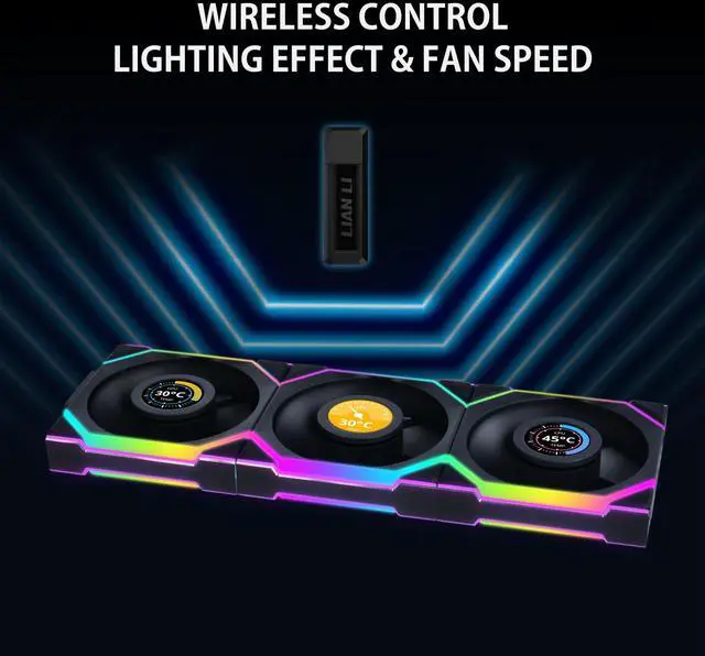 Alt view image 4 of 5 - Lian Li UNI Fan SL LCD Wireless 120mm ARGB Fan - Triple Pack - 1.6" LCD - 2.4 GHz Wireless Signal for RGB & Fan Control - Daisy-Chain Design - Controller Included and Required - Black (12SLLCD1W3B)